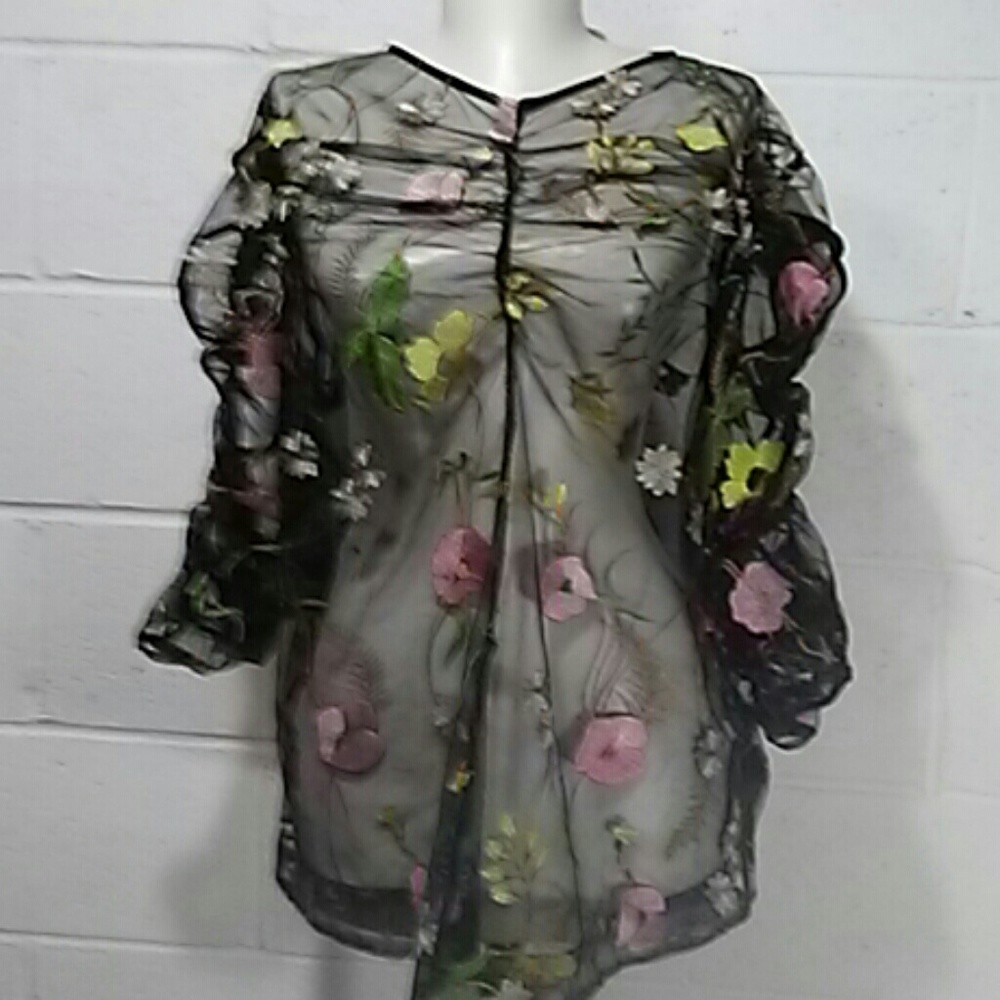 H & M Embroidered Sheer Blouse Sz 14 L